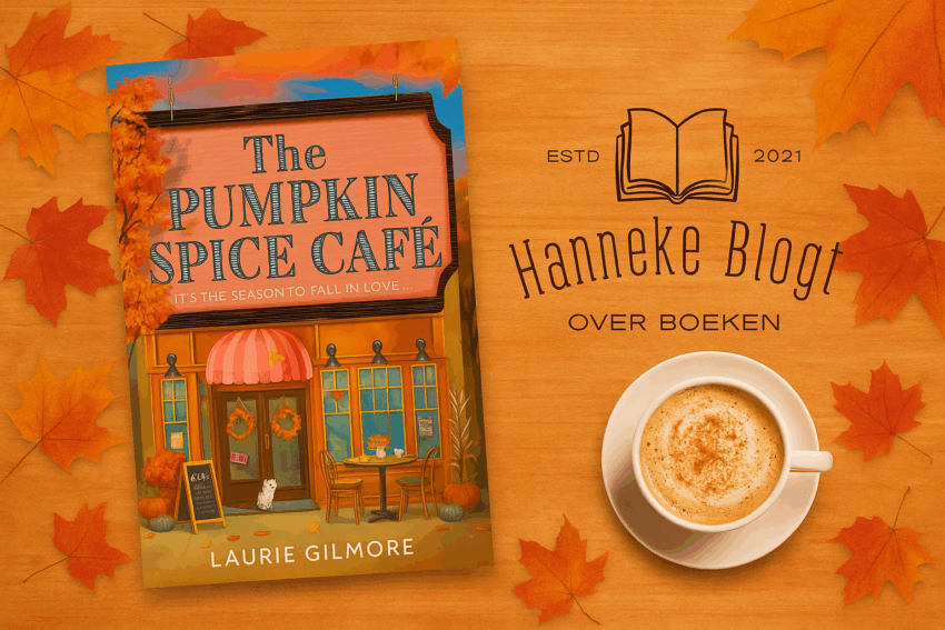 Uitgelichte afbeelding met herfstblaadjes en koffie en de cover van Het Pumpkin spice cafe